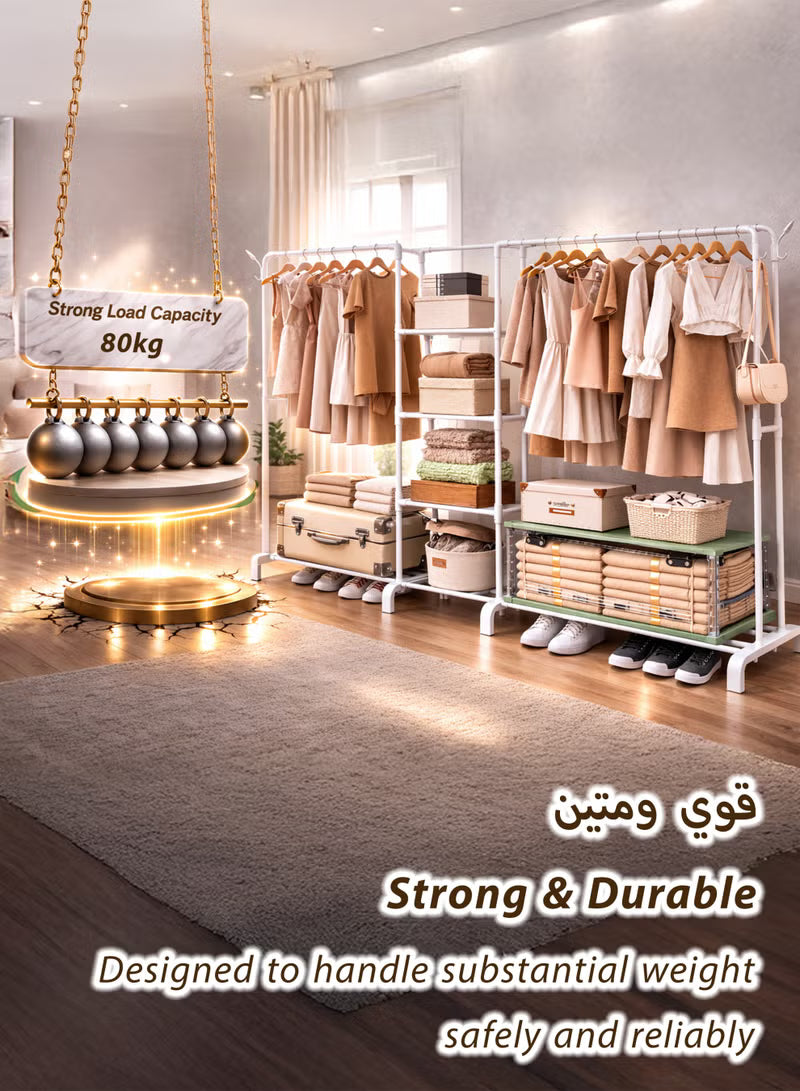 A four-section metal garment rack featuring double rails