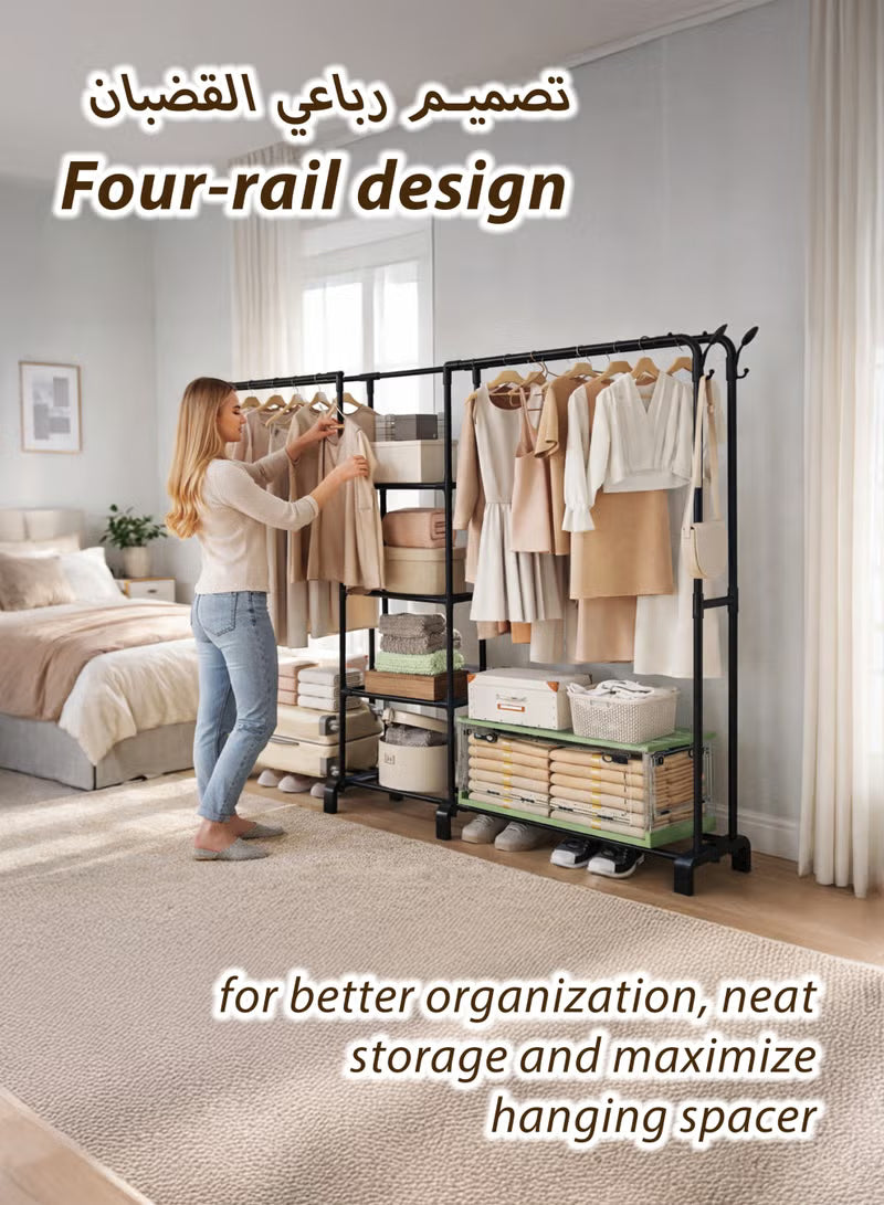 A four-section metal garment rack featuring double rails