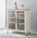 Modern off-white storage cabinet with two doors and gold handles