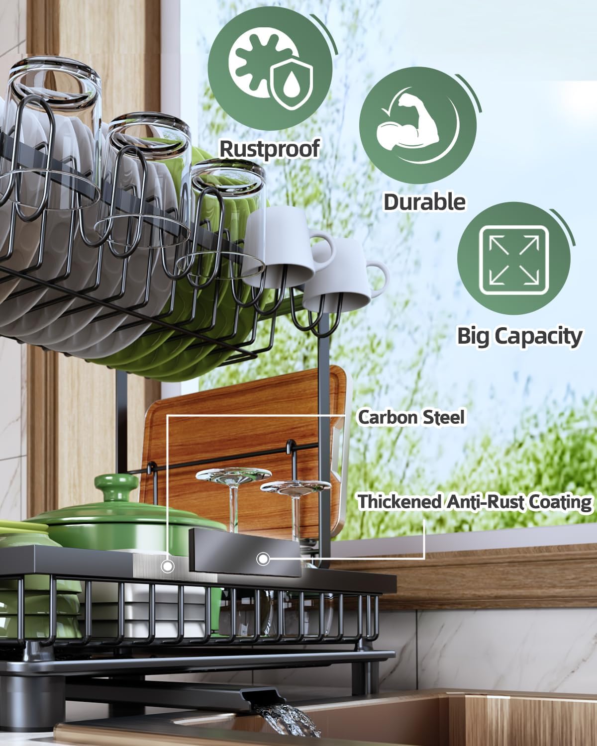 Dish Rack Dish Drainer Over Sink Drainer Draining with Drip Tray 2 Tier Cutlery Holder