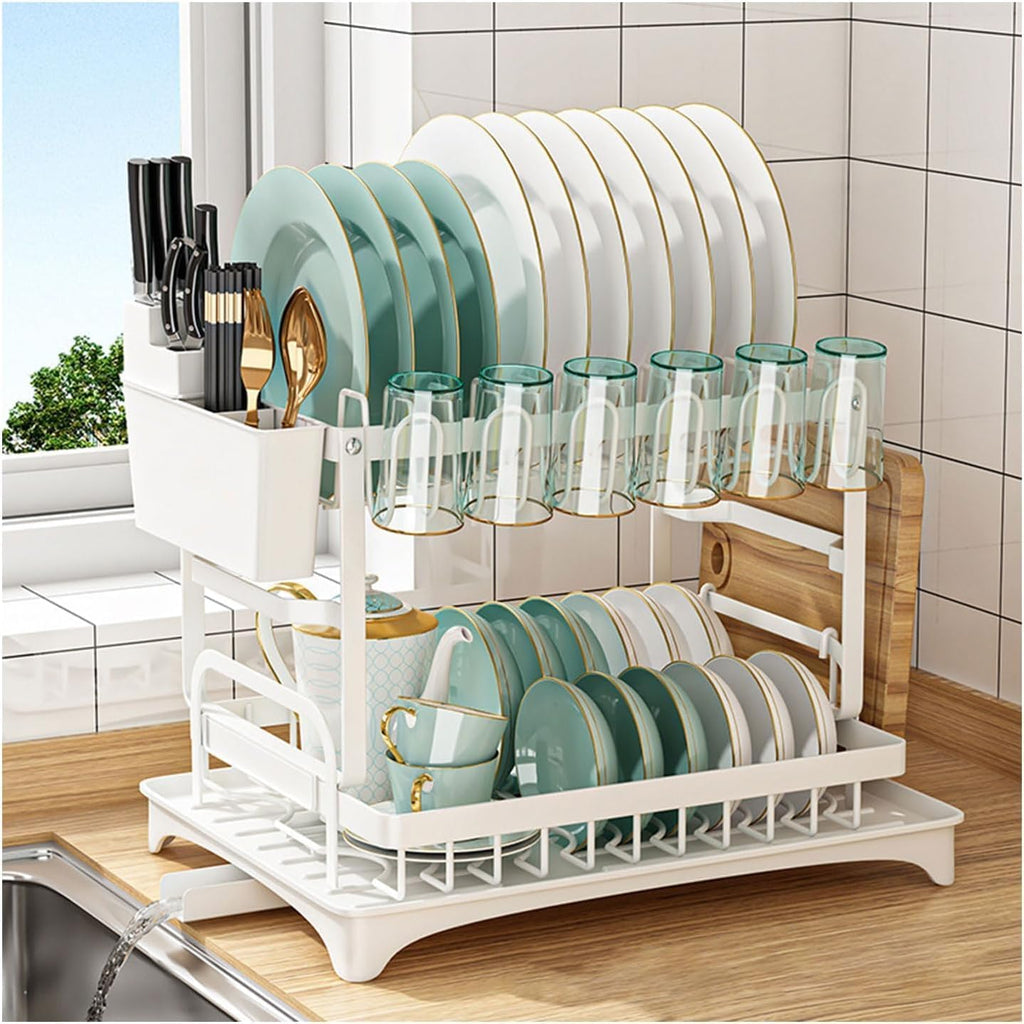 Dish Rack Dish Drainer Over Sink Drainer Draining with Drip Tray 2 Tier Cutlery Holder