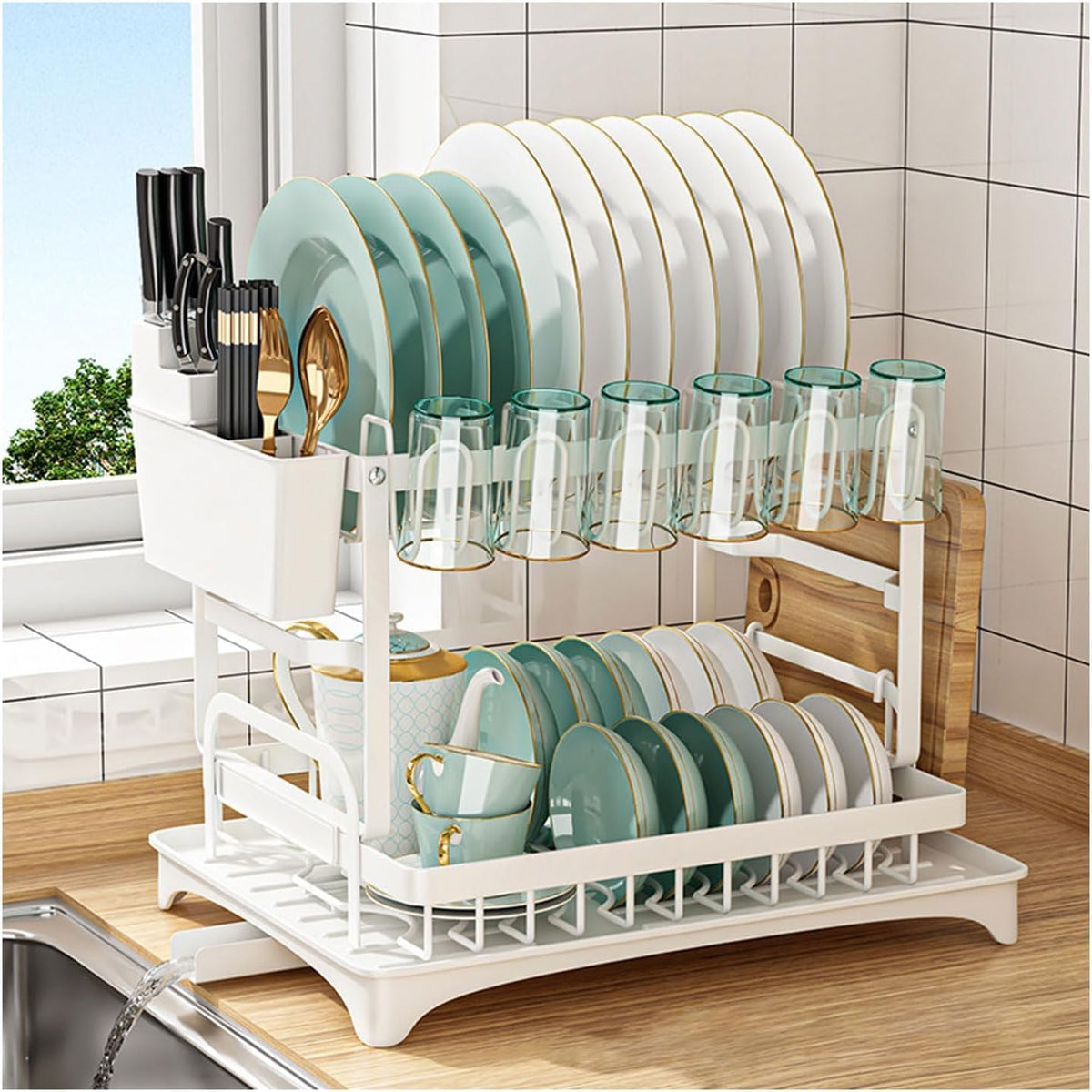 Dish Rack Dish Drainer Over Sink Drainer Draining with Drip Tray 2 Tier Cutlery Holder