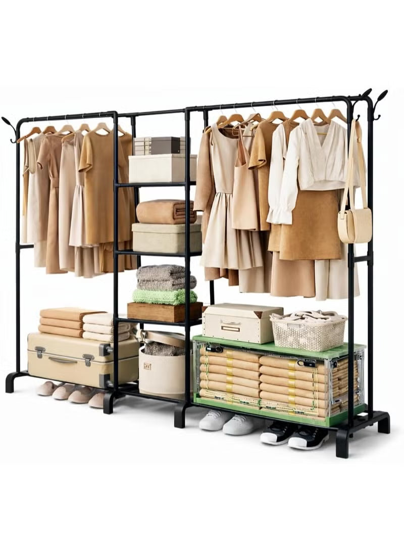 A four-section metal garment rack featuring double rails
