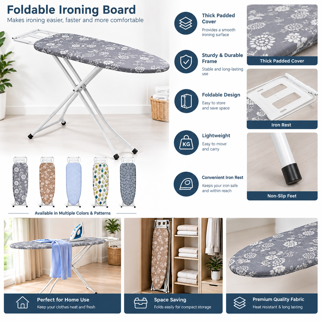 Foldable ironing board with a padded cover