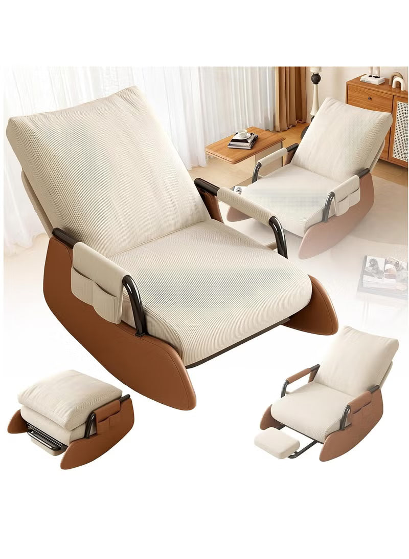 Upholstered reclining chair with gliding and rocking motion, suitable for the living room.