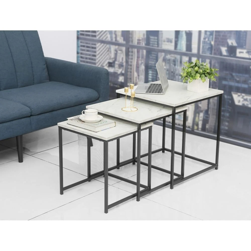 3-Piece Square Nesting Side Table Set with Marble Top and Black Metal Frame