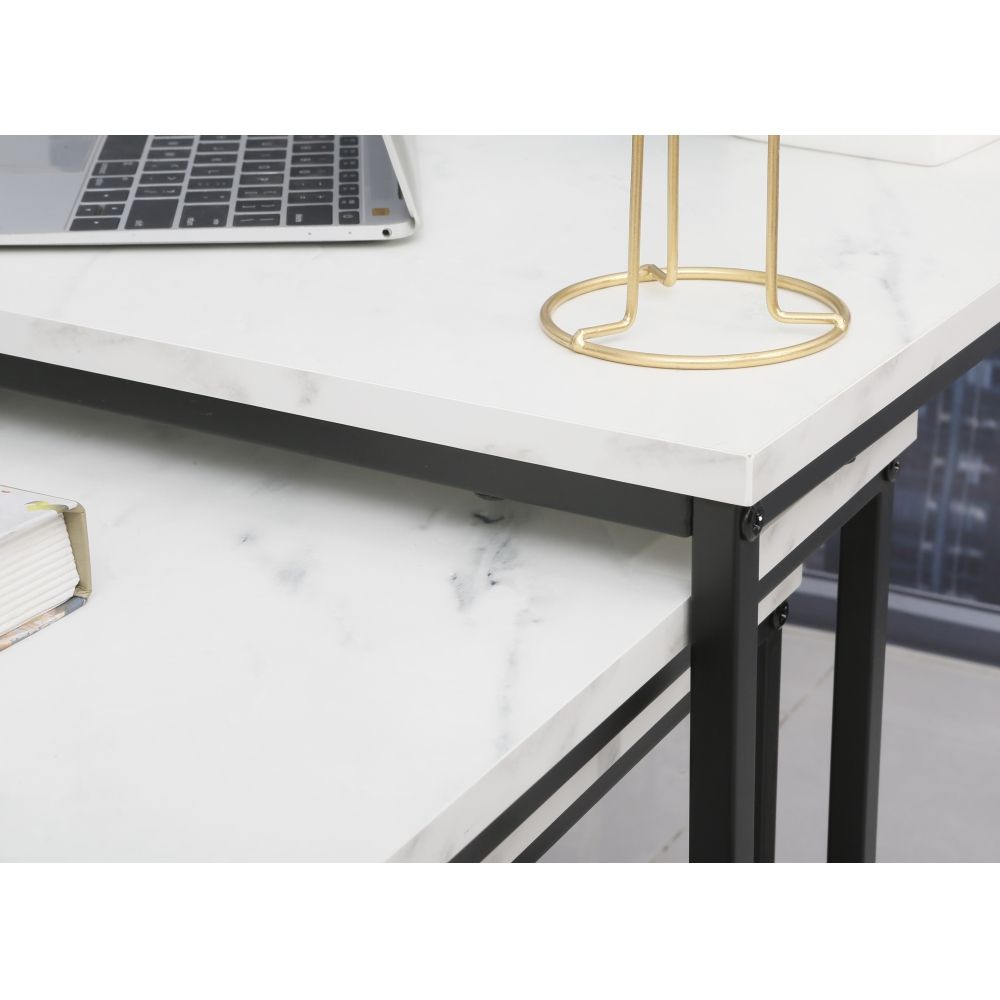 3-Piece Square Nesting Side Table Set with Marble Top and Black Metal Frame