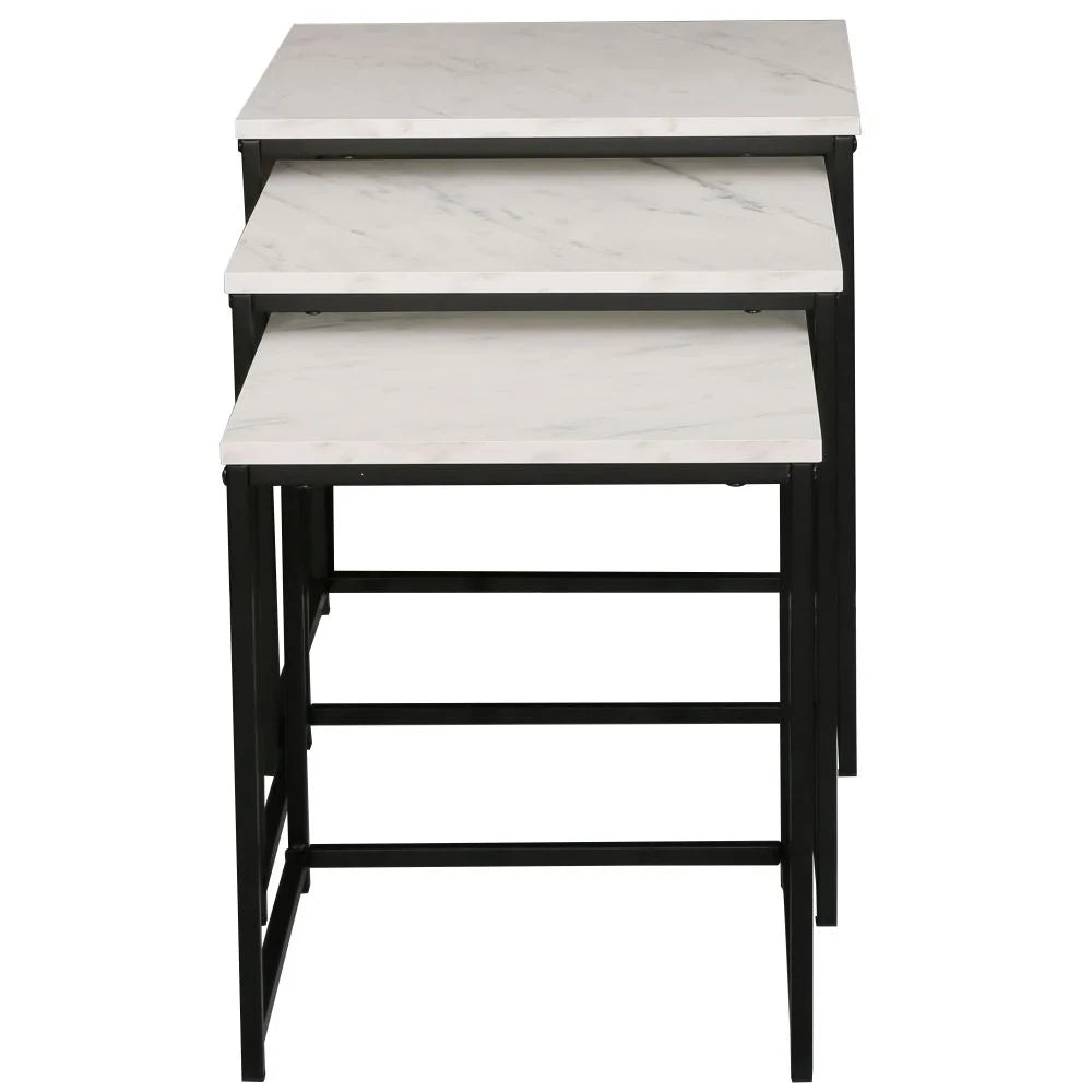 3-Piece Square Nesting Side Table Set with Marble Top and Black Metal Frame