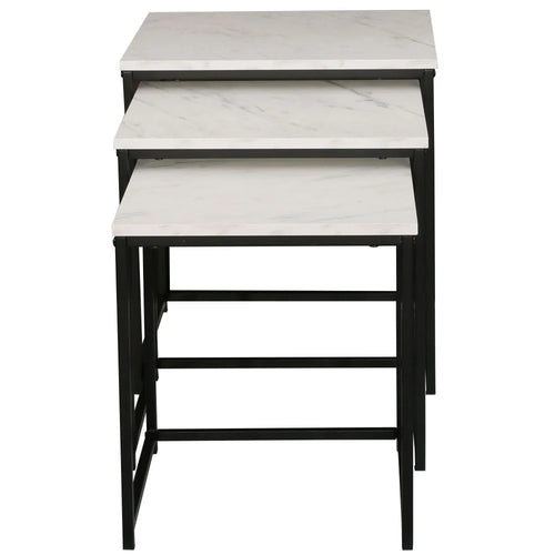 3-Piece Square Nesting Side Table Set with Marble Top and Black Metal Frame