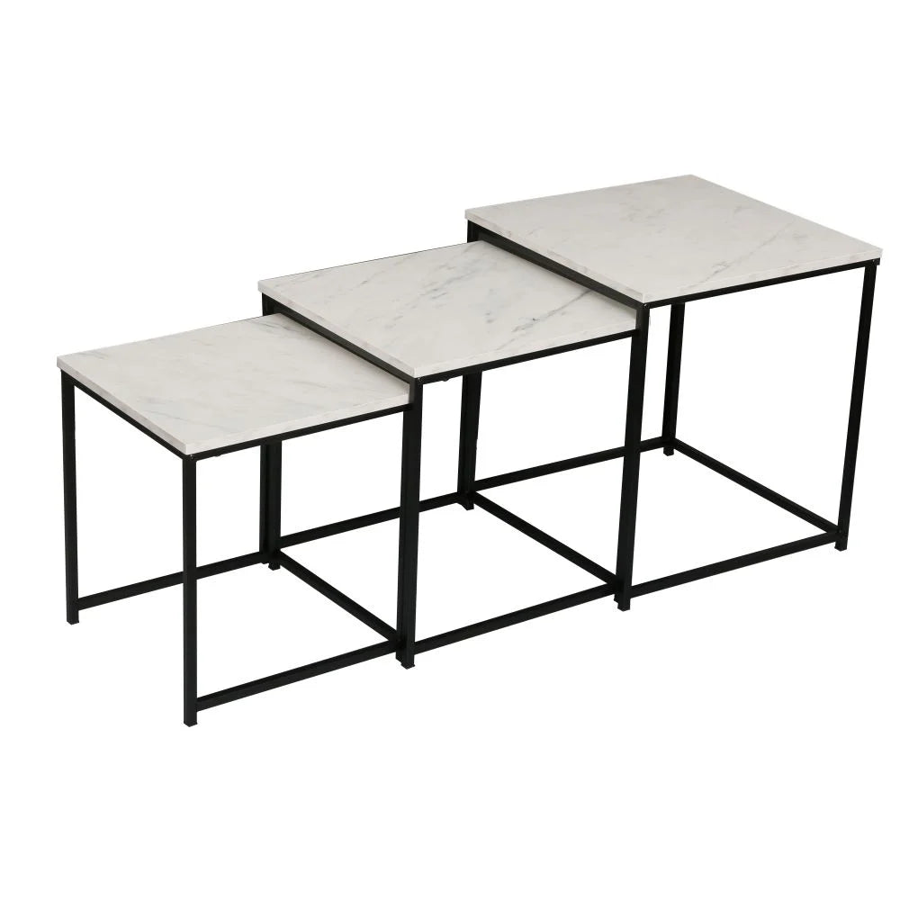 3-Piece Square Nesting Side Table Set with Marble Top and Black Metal Frame