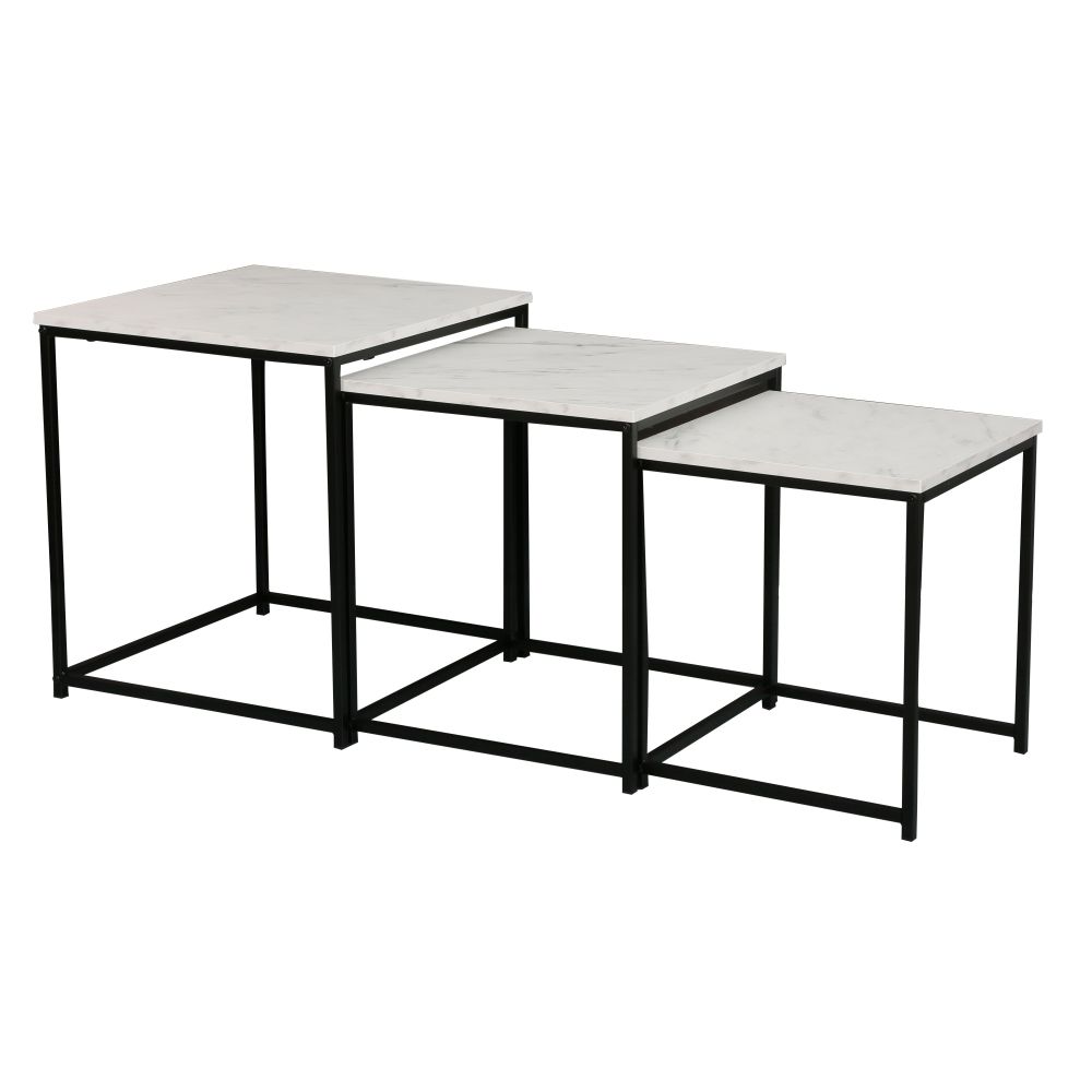 3-Piece Square Nesting Side Table Set with Marble Top and Black Metal Frame