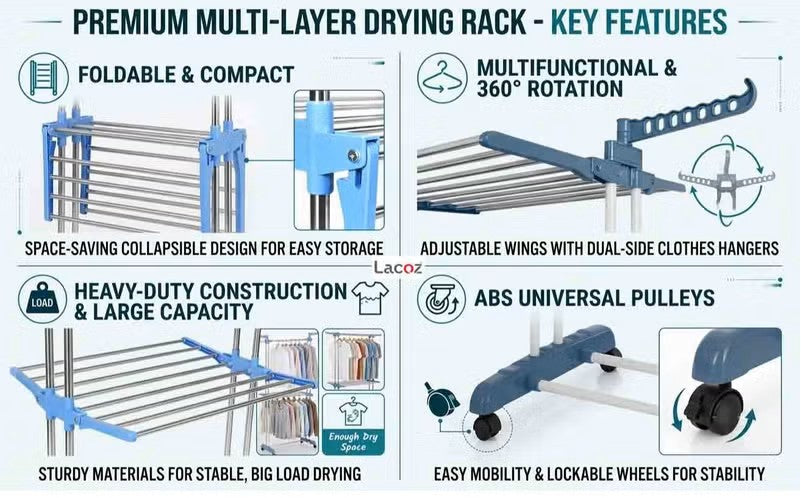 Portable 3-tier clothes drying rack with hanger holder