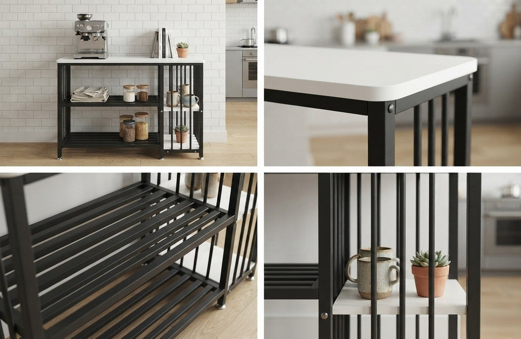 Table with storage shelves, corner coffee table