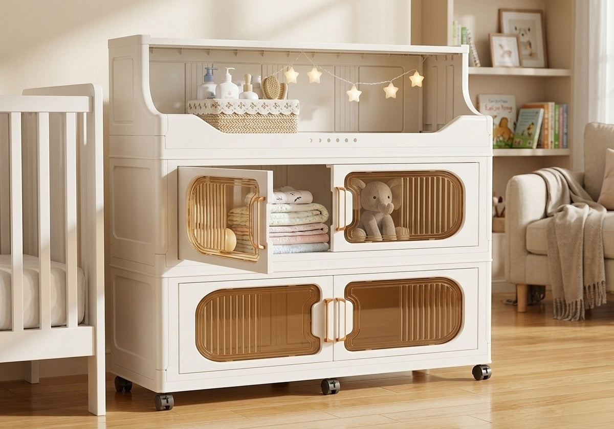 Foldable plastic storage cabinet with doors and wheels