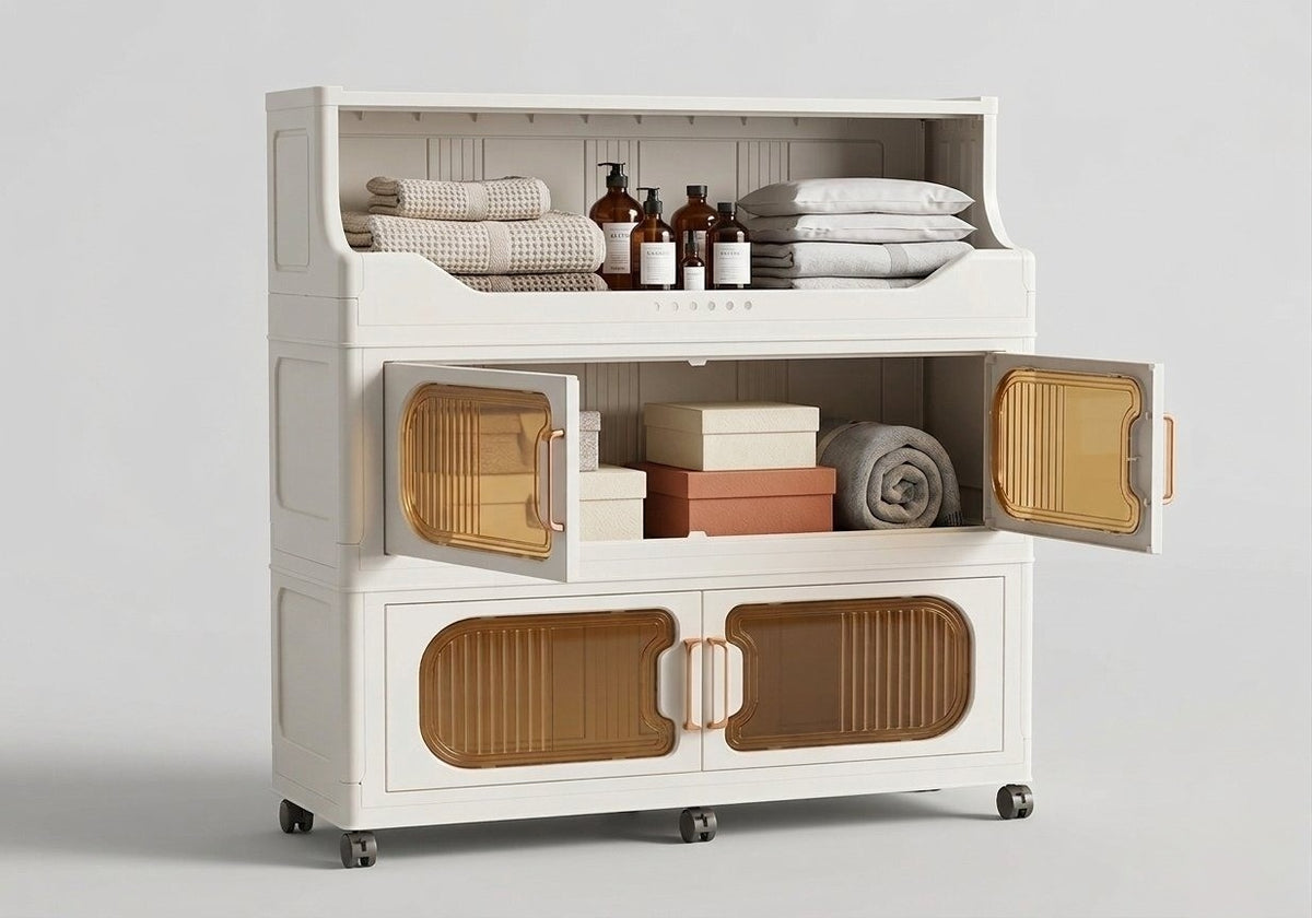 Foldable plastic storage cabinet with doors and wheels