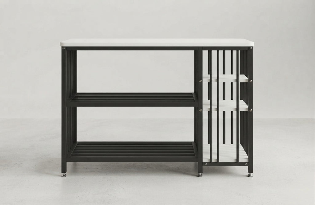 Table with storage shelves, corner coffee table