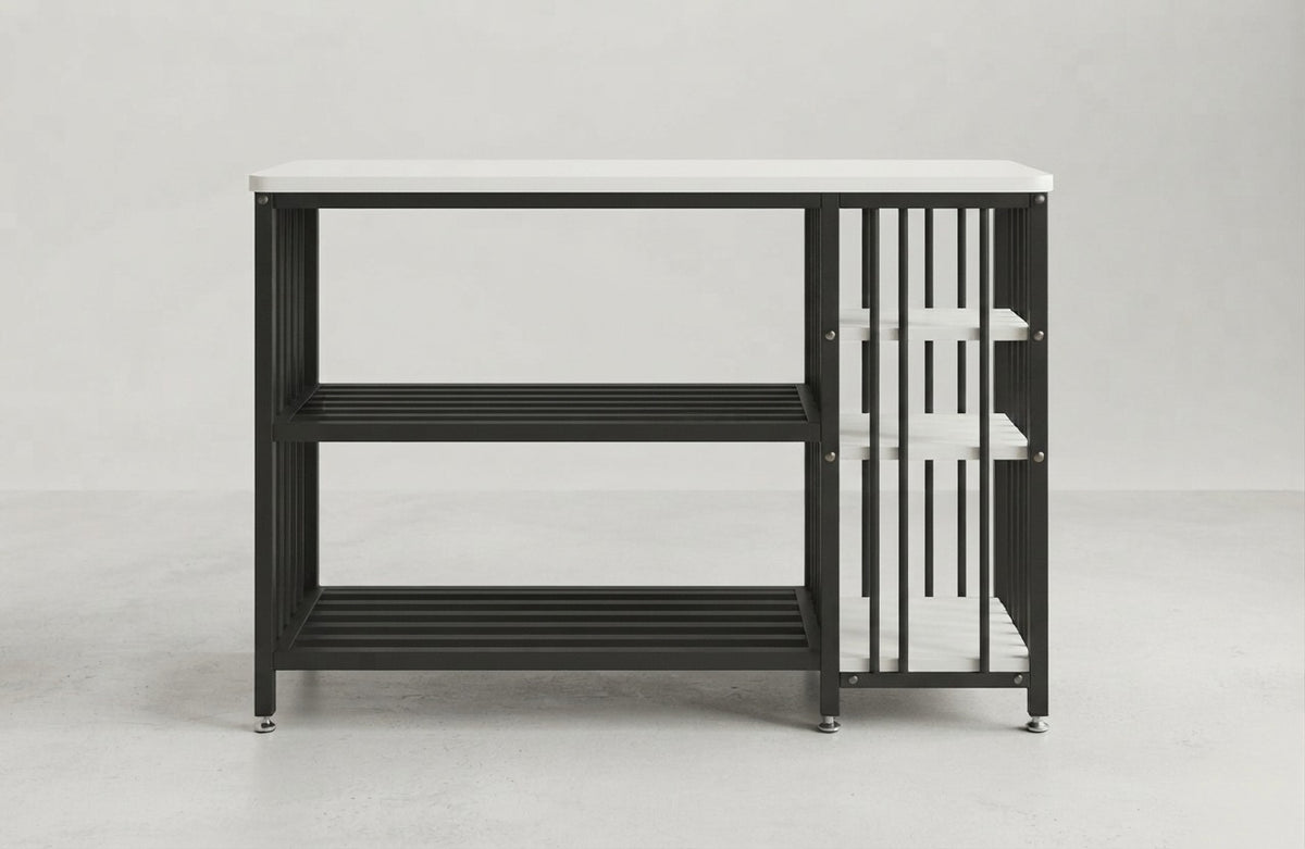 Table with storage shelves, corner coffee table