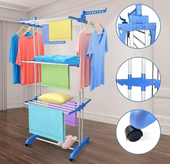 Portable 3-tier clothes drying rack with hanger holder