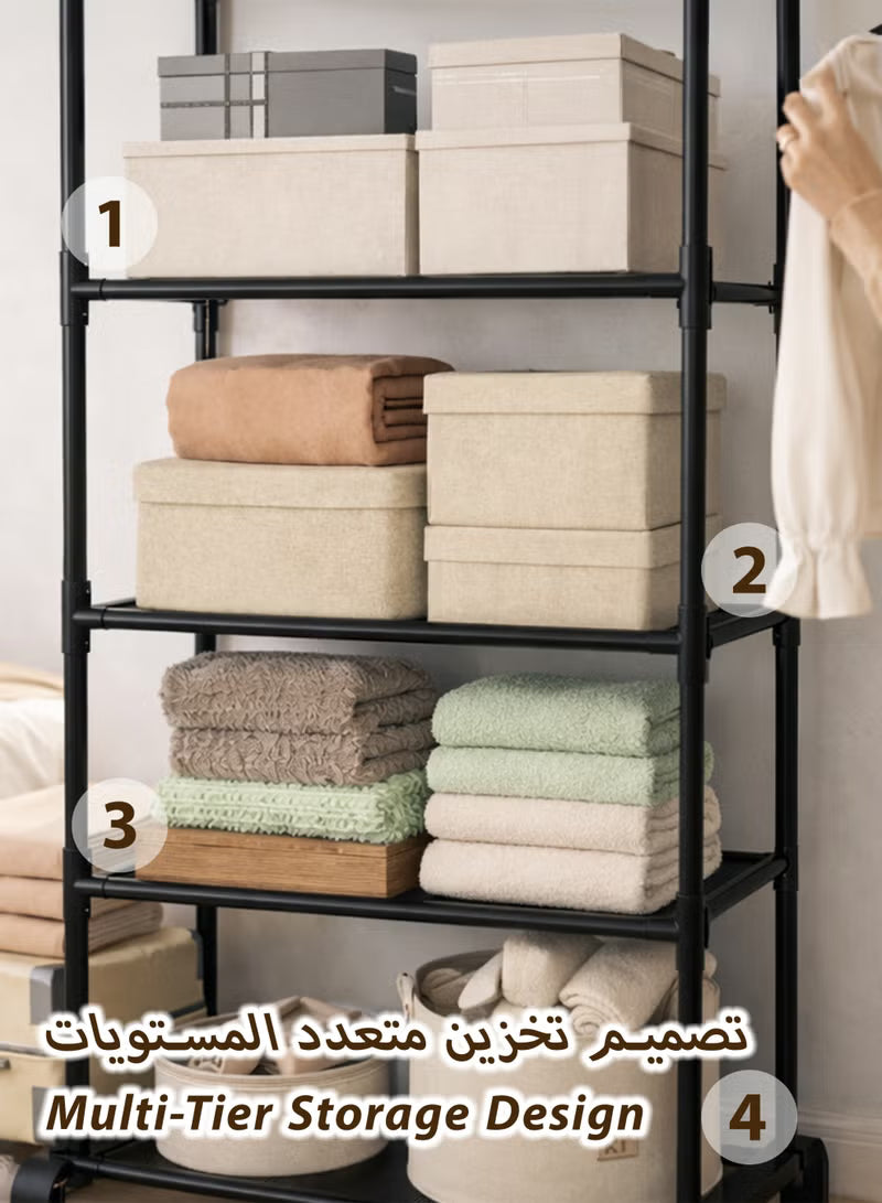 A four-section metal garment rack featuring double rails
