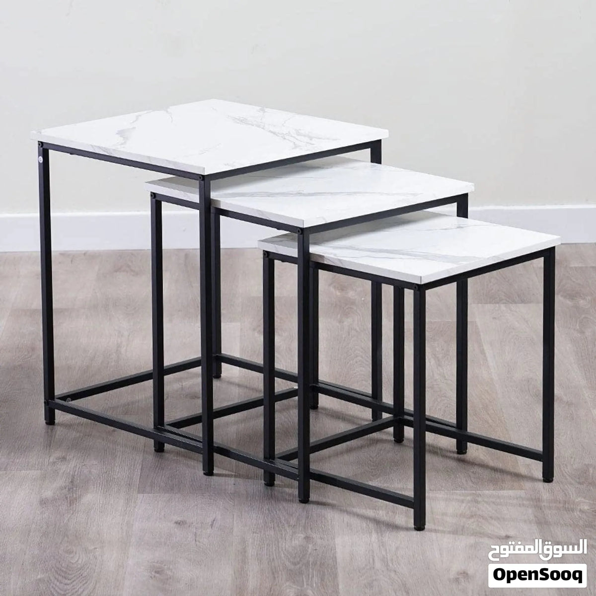 3-Piece Square Nesting Side Table Set with Marble Top and Black Metal Frame