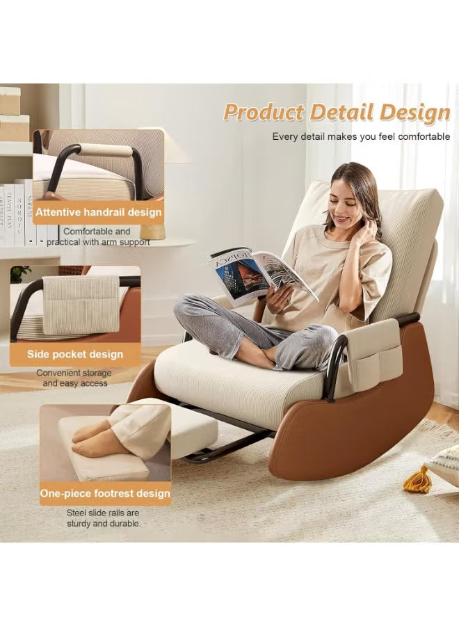 Upholstered reclining chair with gliding and rocking motion, suitable for the living room.