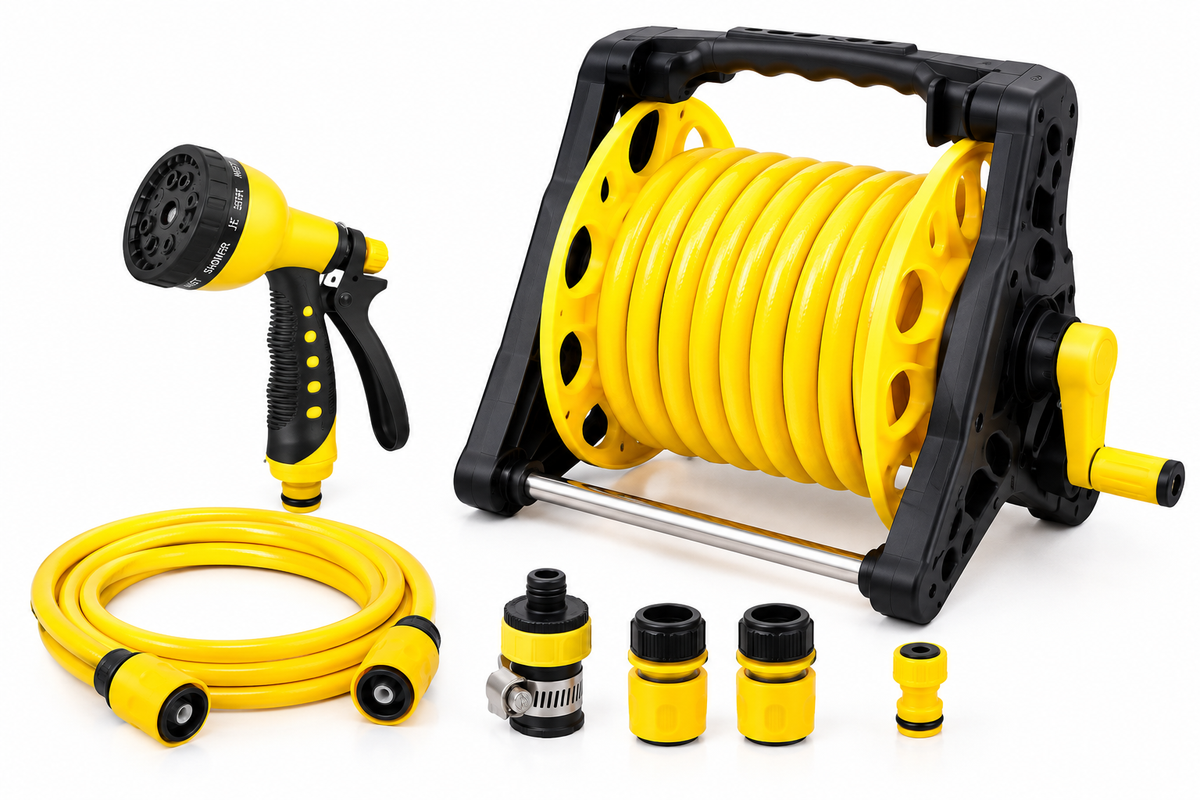 Versatile water hose reel with spray gun