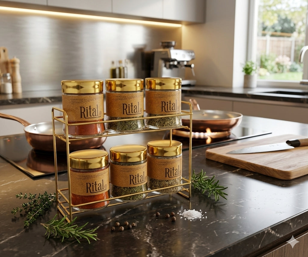 Premium Glass Spice Jar Set with Gold Metal Stand – 6 Pieces