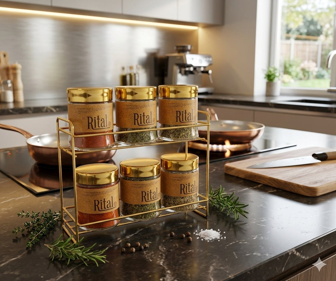 Premium Glass Spice Jar Set with Gold Metal Stand – 6 Pieces