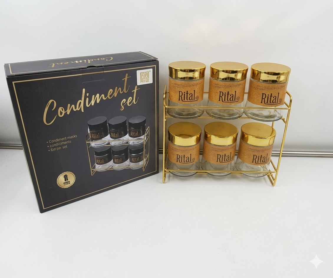 Premium Glass Spice Jar Set with Gold Metal Stand – 6 Pieces