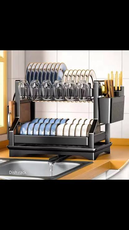 Dish Rack Dish Drainer Over Sink Drainer Draining with Drip Tray 2 Tier Cutlery Holder